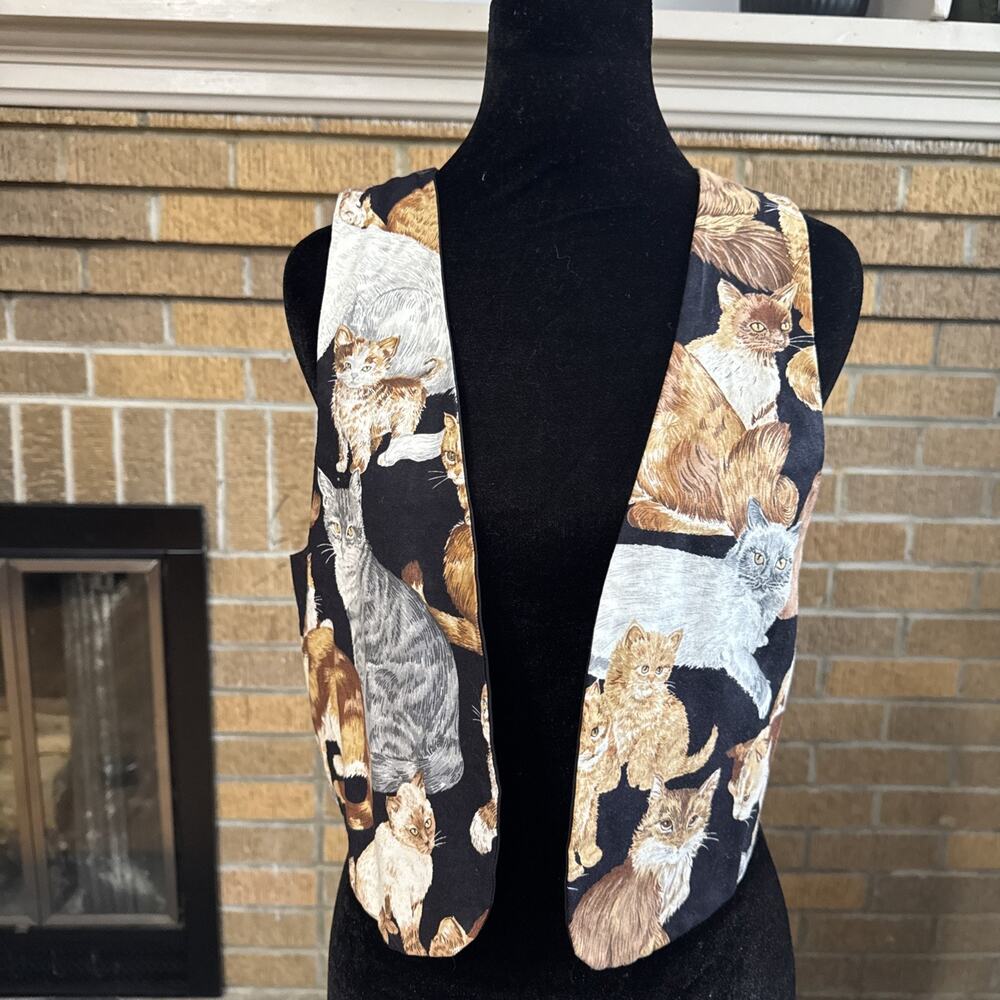 90s Style Cat Print Tie Back Vest S/M Novelty Kittens Cat Lady Lover Waistcoat